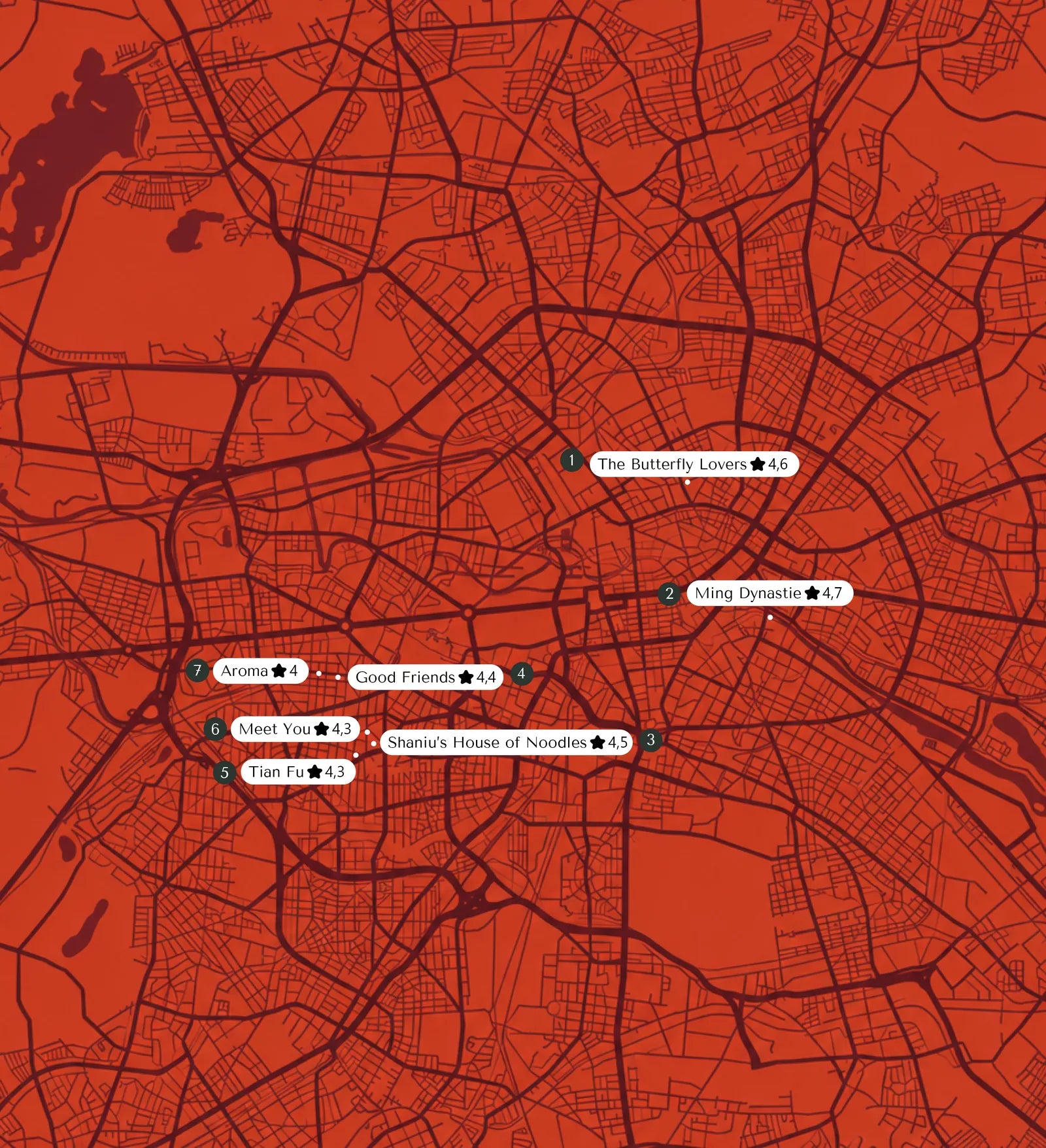 Map of Berlin with the seven recommended restaurants